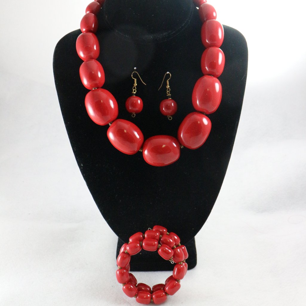 Kazuri Charleston Bright Red Earthen Clay Jewelry Bundle Set